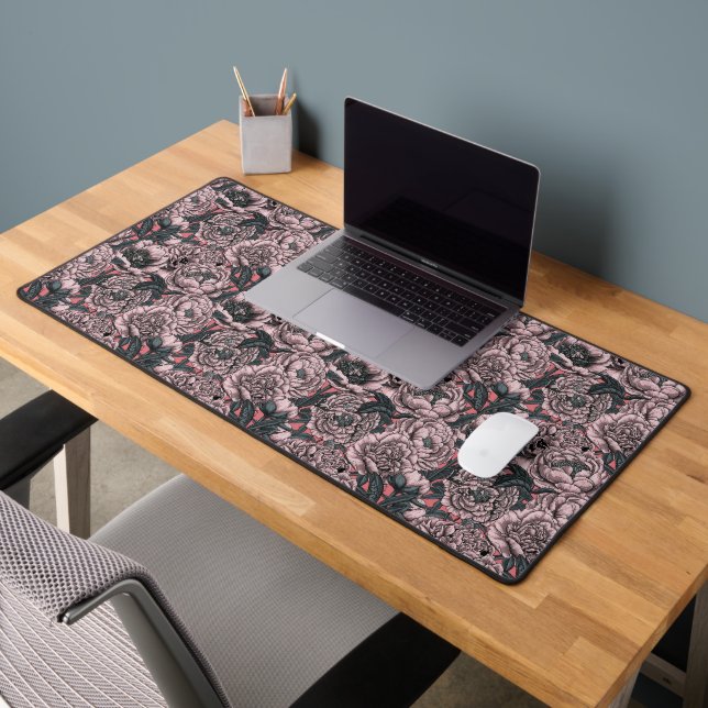 Pink peony flowers and moths desk mat (Office 2)
