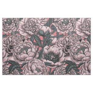 Pink peony flowers and moths fabric