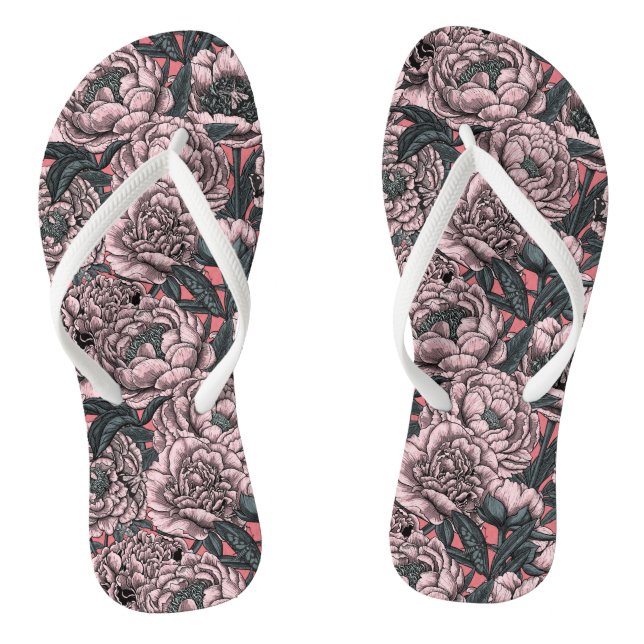 Pink peony flowers and moths flip flops (Footbed)