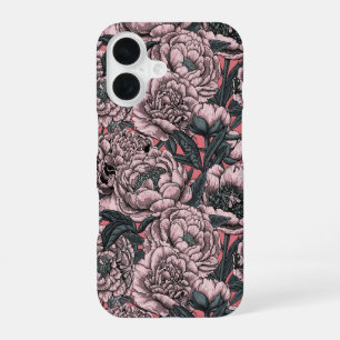 Pink peony flowers and moths iPhone 16 case