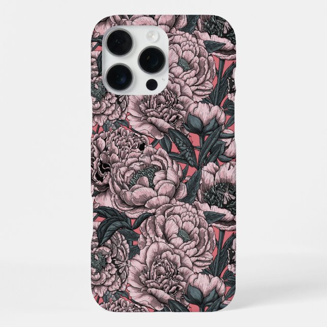 Pink peony flowers and moths iPhone case (Back)