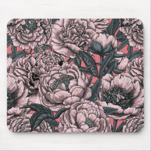 Pink peony flowers and moths mouse mat