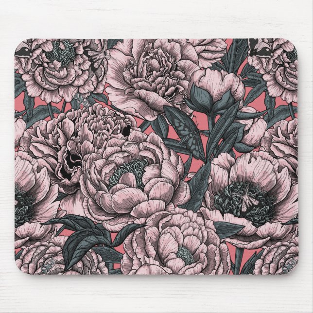 Pink peony flowers and moths mouse mat (Front)