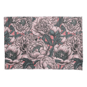 Pink peony flowers and moths pillowcase