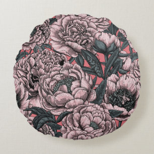 Pink peony flowers and moths round cushion