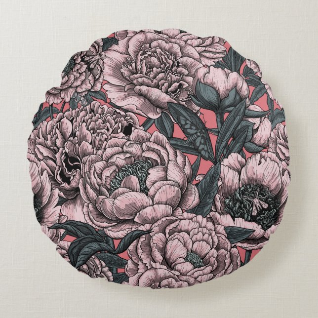 Pink peony flowers and moths round cushion (Front)
