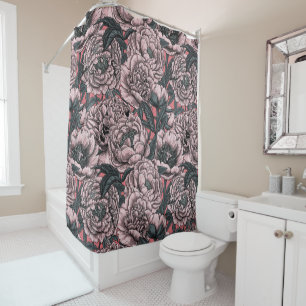 Pink peony flowers and moths shower curtain
