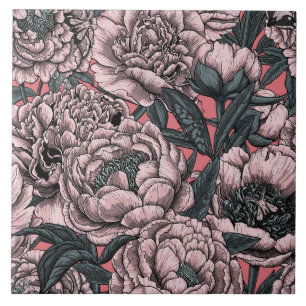 Pink peony flowers and moths tile