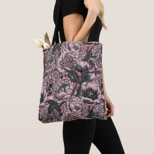 Pink peony flowers and moths tote bag