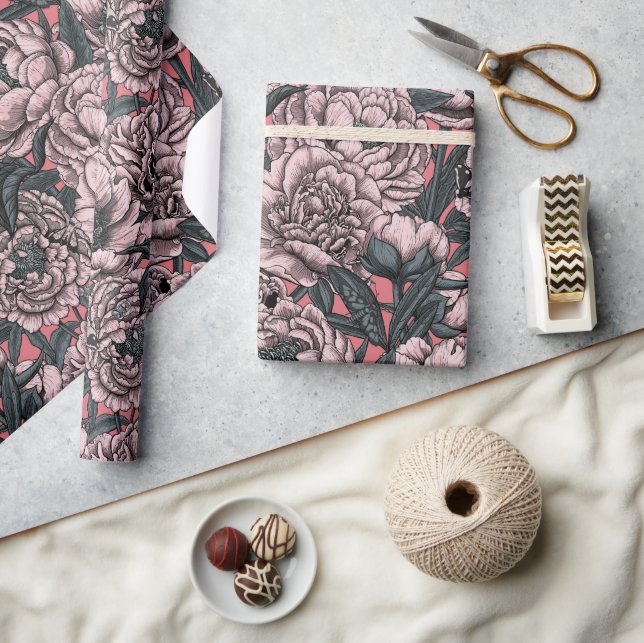 Pink peony flowers and moths wrapping paper (Crafts)