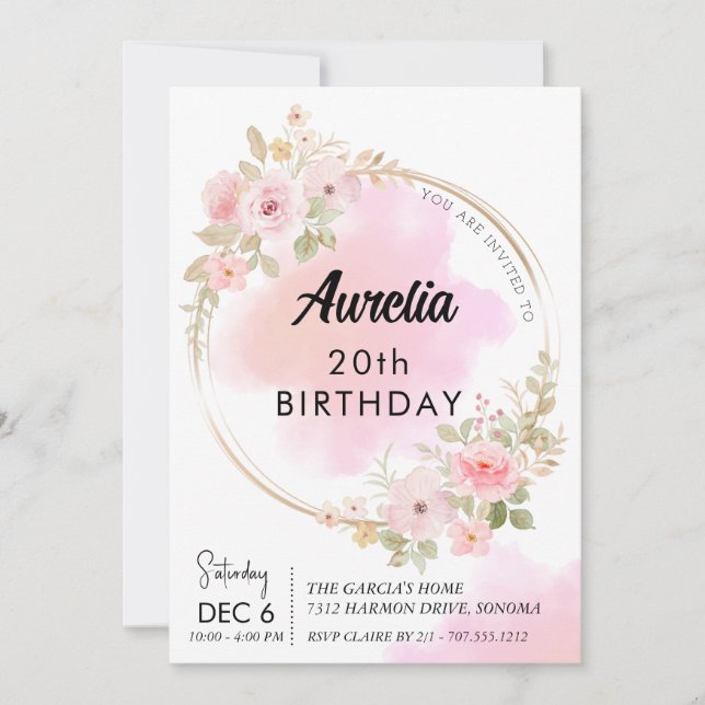 Pink peony flowers birthday  invitation (Front)