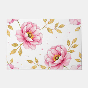 Pink Peony Flowers Golden Leaves Pattern Doormat