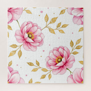 Pink Peony Flowers Golden Leaves Pattern Jigsaw Puzzle