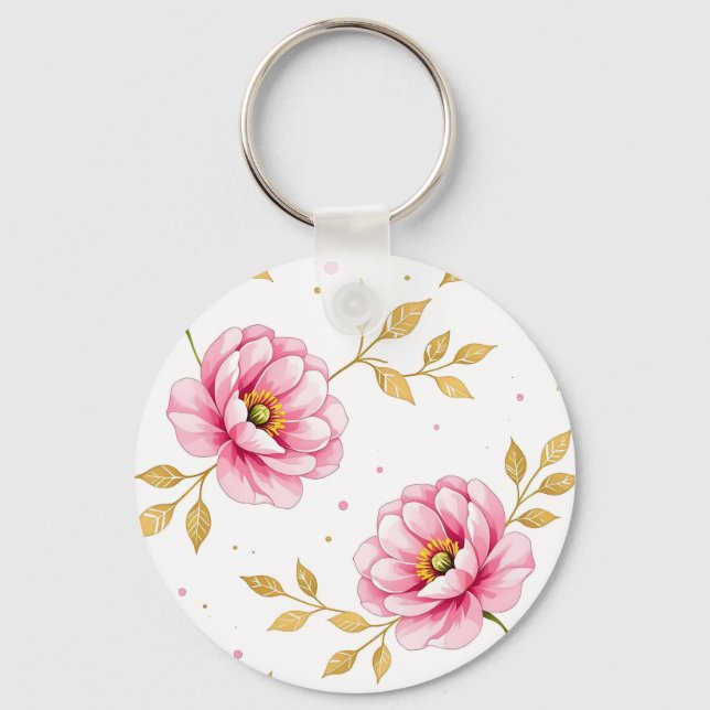 Pink Peony Flowers Golden Leaves Pattern Key Ring (Front)