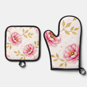 Pink Peony Flowers Golden Leaves Pattern Oven Mitt & Pot Holder Set