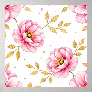Pink Peony Flowers Golden Leaves Pattern Poster