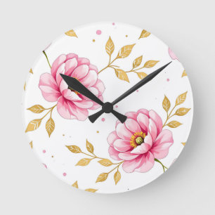 Pink Peony Flowers Golden Leaves Pattern Round Clock