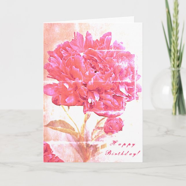 Pink Peony Flowers Happy Birthday Card (Front)