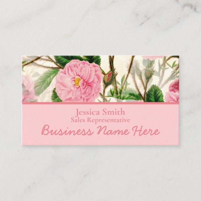 Pink Peony Flowers, Leaves & Buds Pattern   Business Card (Front)