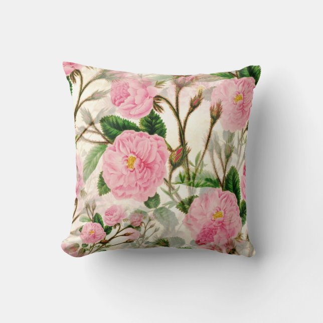 Pink Peony Flowers, Leaves & Buds Pattern Cushion (Front)