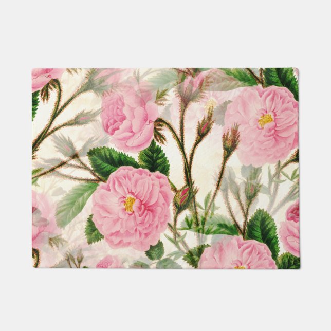 Pink Peony Flowers, Leaves & Buds Pattern  Doormat (Front)
