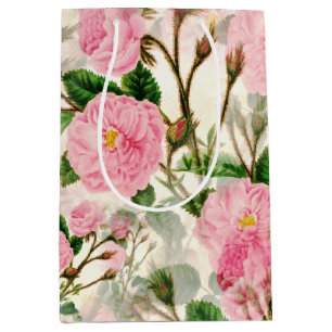 Pink Peony Flowers, Leaves & Buds Pattern Medium Gift Bag