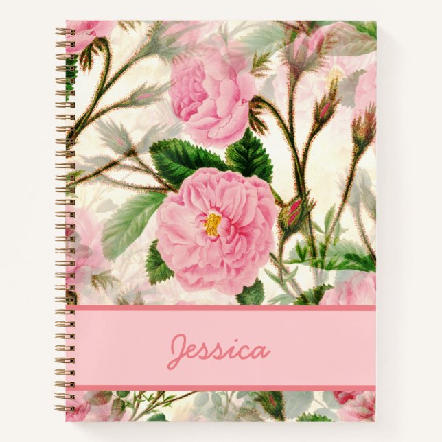 Pink Peony Flowers, Leaves & Buds Pattern   Notebook (Front)