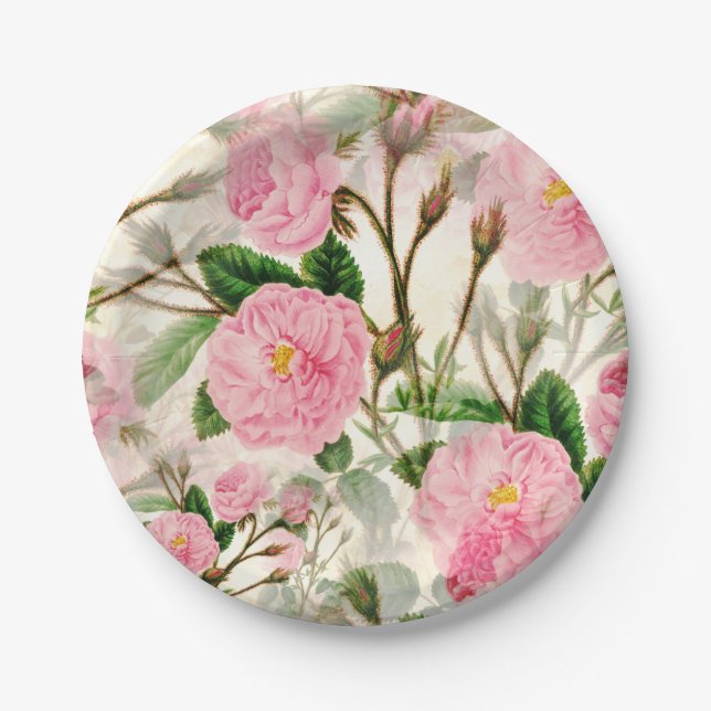 Pink Peony Flowers, Leaves & Buds Pattern  Paper Plate (Front)