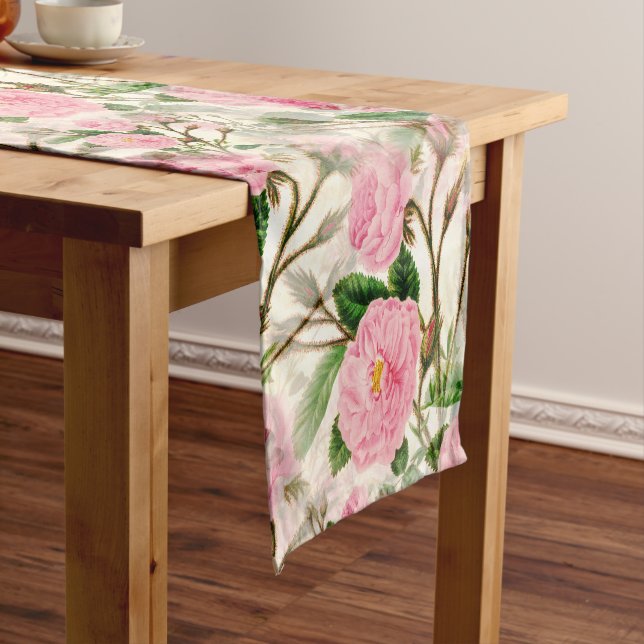 Pink Peony Flowers, Leaves & Buds Pattern Short Table Runner (In Situ)