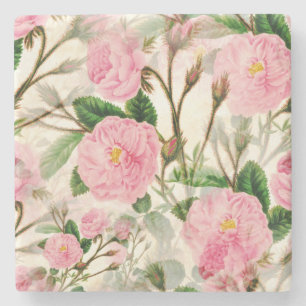 Pink Peony Flowers, Leaves & Buds Pattern Stone Coaster