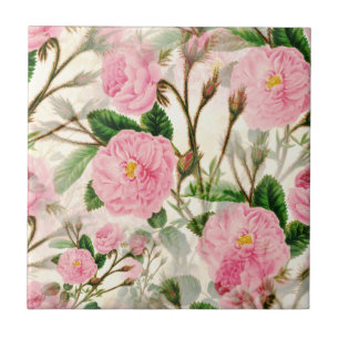 Pink Peony Flowers, Leaves & Buds Pattern  Tile