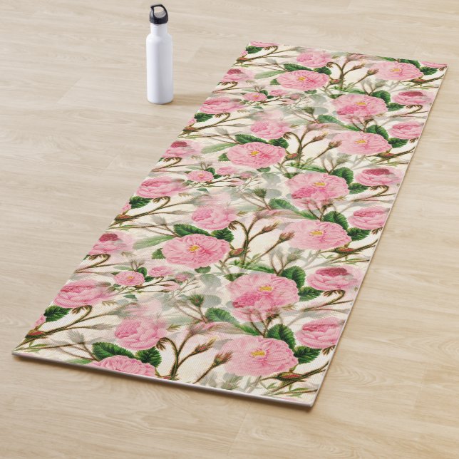 Pink Peony Flowers, Leaves & Buds Pattern  Yoga Mat (In Situ)