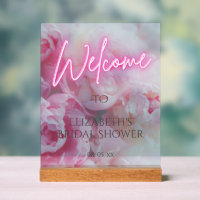 Pink Peony Flowers Neon Glow Welcome Bridal Shower