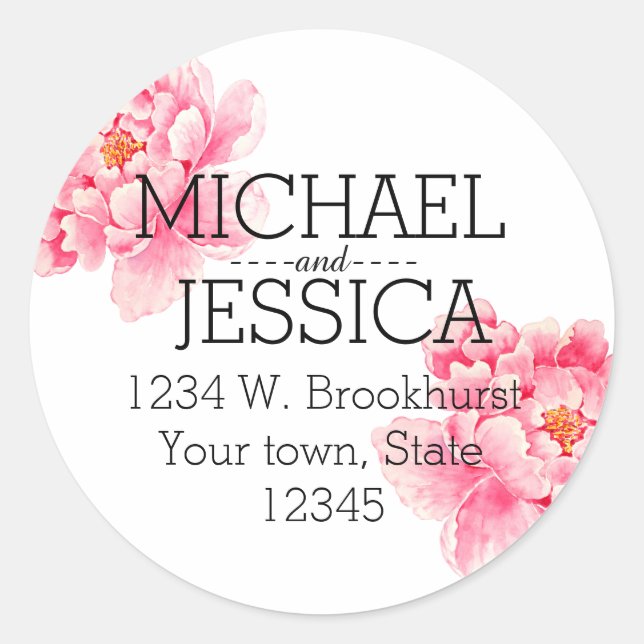 Pink Peony Flowers Personalised address Classic Round Sticker (Front)