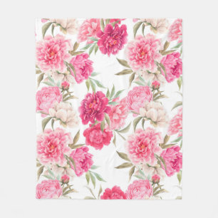 Pink peony flowers seamless pattern fleece blanket