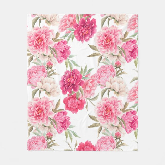 Pink peony flowers seamless pattern fleece blanket (Front)