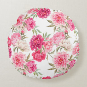 Pink peony flowers seamless pattern round cushion