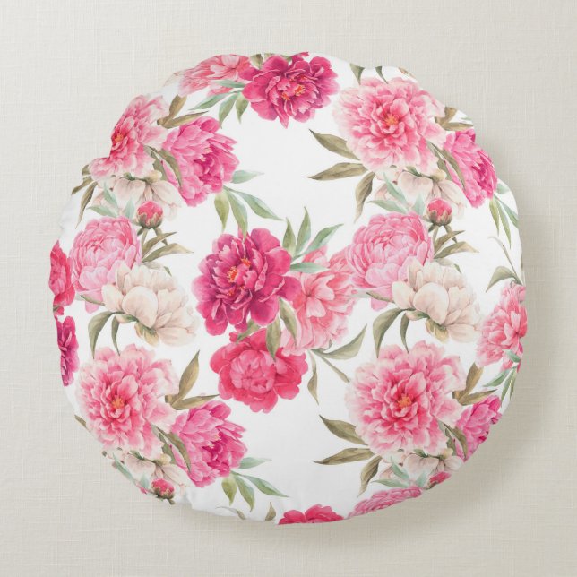 Pink peony flowers seamless pattern round cushion (Front)