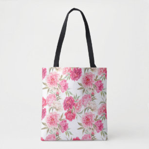 Pink peony flowers seamless pattern tote bag
