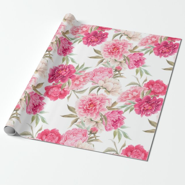 Pink peony flowers seamless pattern wrapping paper (Unrolled)