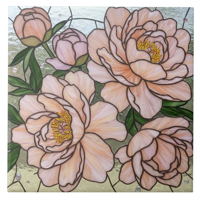 Pink Peony Flowers Stained Glass Effect Tile (Front)