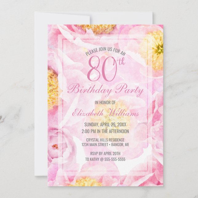 Pink Peony Flowers Watercolor 80th Birthday Party Invitation (Front)