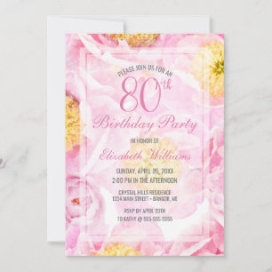 Pink Peony Flowers Watercolor 80th Birthday Party Invitation