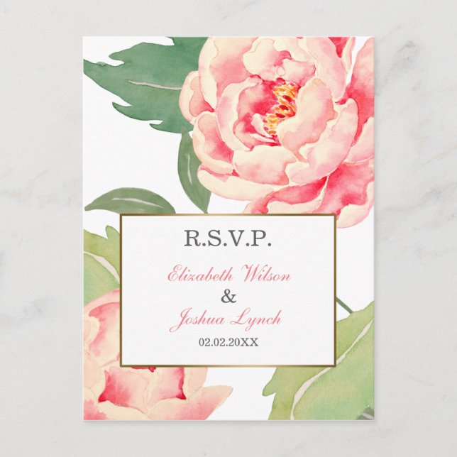 Pink Peony Flowers wedding rsvp Invitation Postcard (Front)