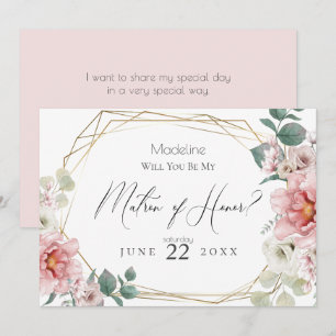 Pink Peony Flowers Will You Be My Matron of Honour Invitation