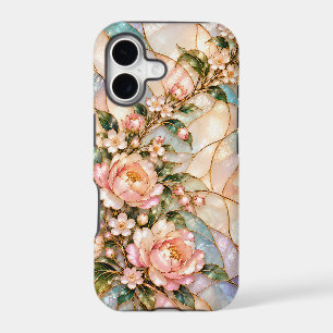 Pink Peony Flowers with Blue Mother of Pearl Flora