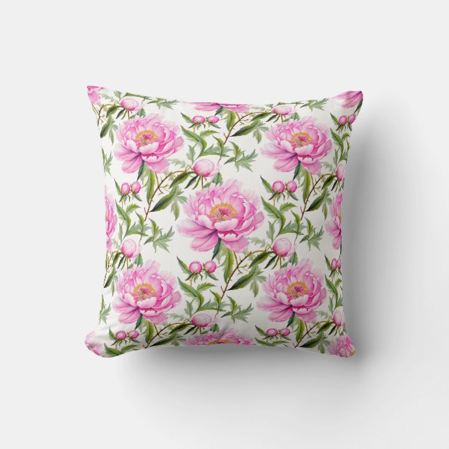 Pink Peony Flowers with Sage Green Leaves Cushion (Front)