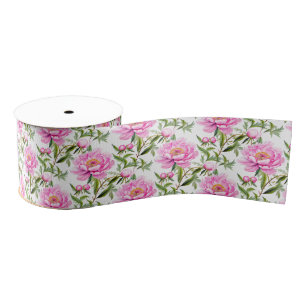 Pink Peony Flowers with Sage Green Leaves Grosgrain Ribbon