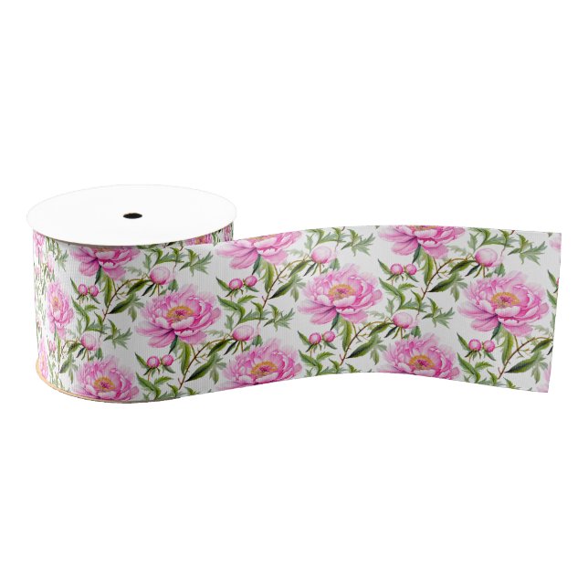 Pink Peony Flowers with Sage Green Leaves Grosgrain Ribbon (Spool)