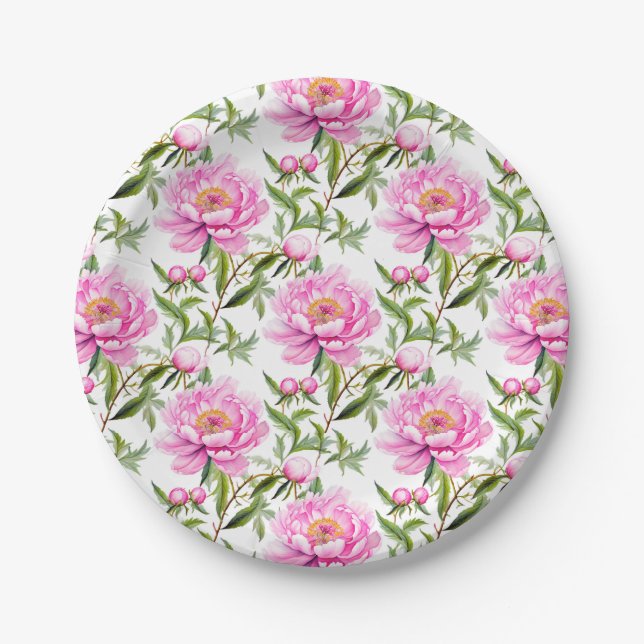Pink Peony Flowers with Sage Green Leaves Paper Plate (Front)